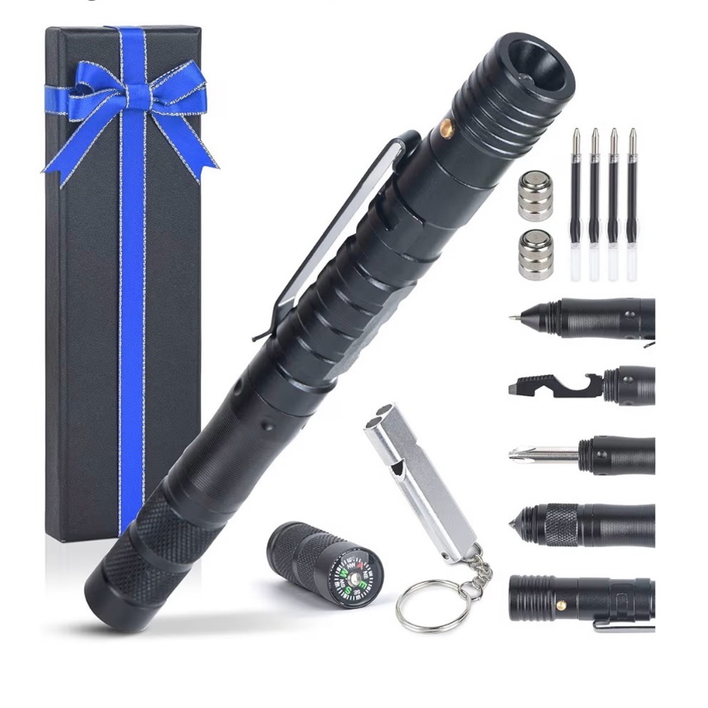Tactical Black Multi-Tool Pen with Flashlight and Accessories